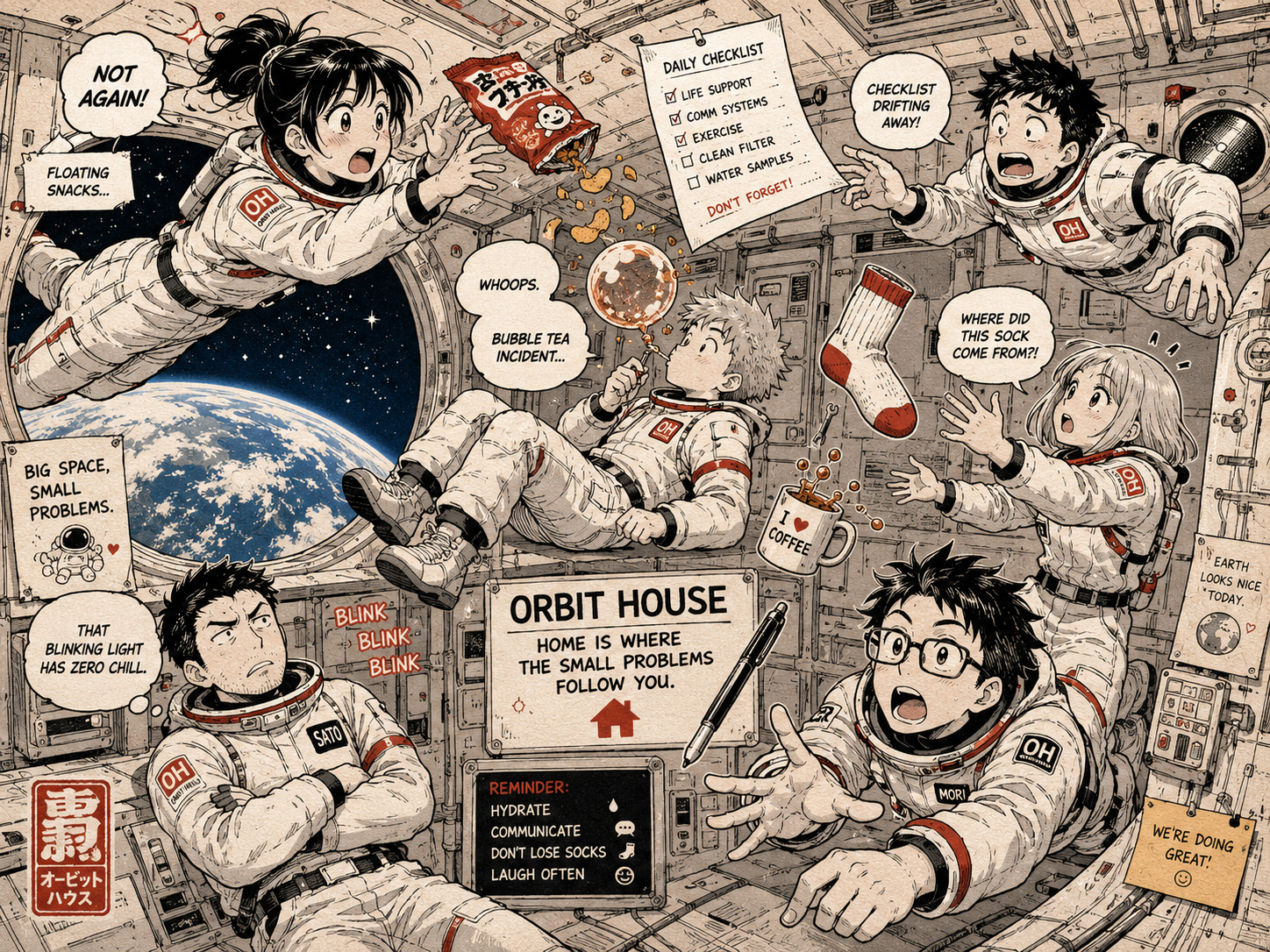宇宙ステーションで小さな問題に困る乗員たち