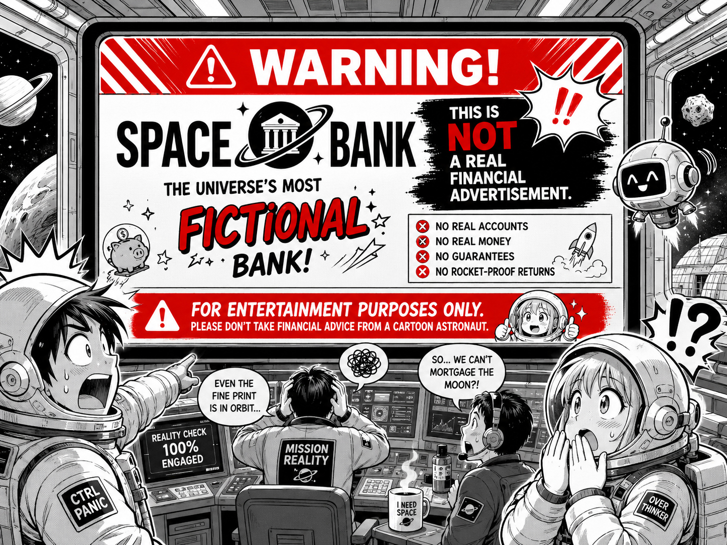 宇宙銀行は金融広告ではないという警告ポスター