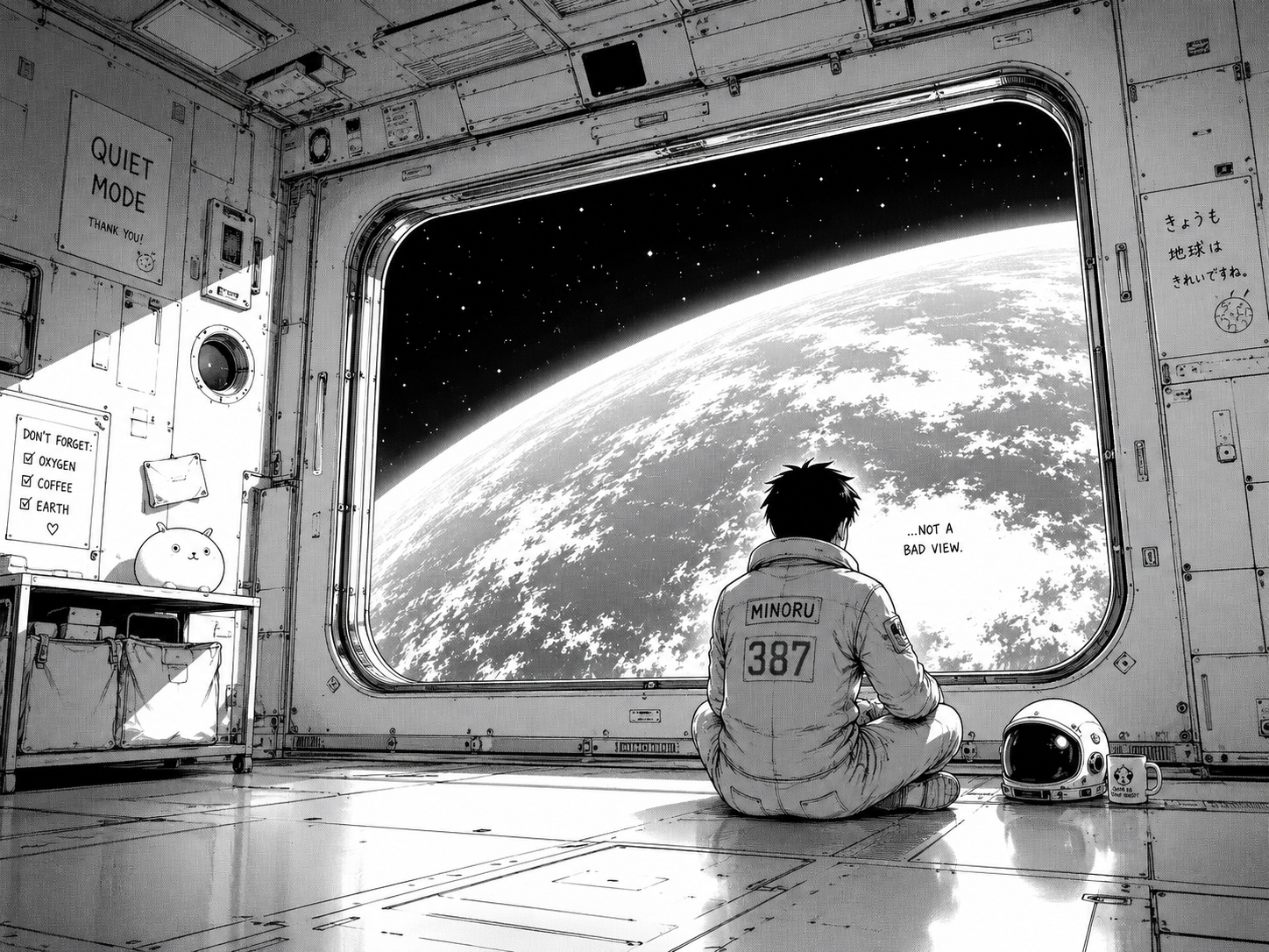 誰もいない宇宙ステーションと地球の見える窓