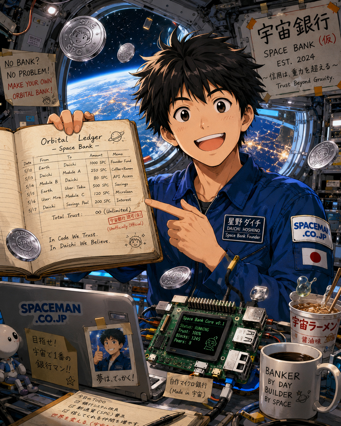 星野ダイチが宇宙銀行の台帳を見る漫画風イラスト