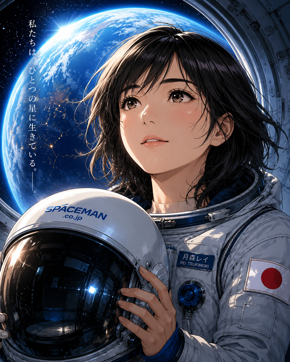 月森レイが地球の見える窓の前でヘルメットを外す漫画風イラスト