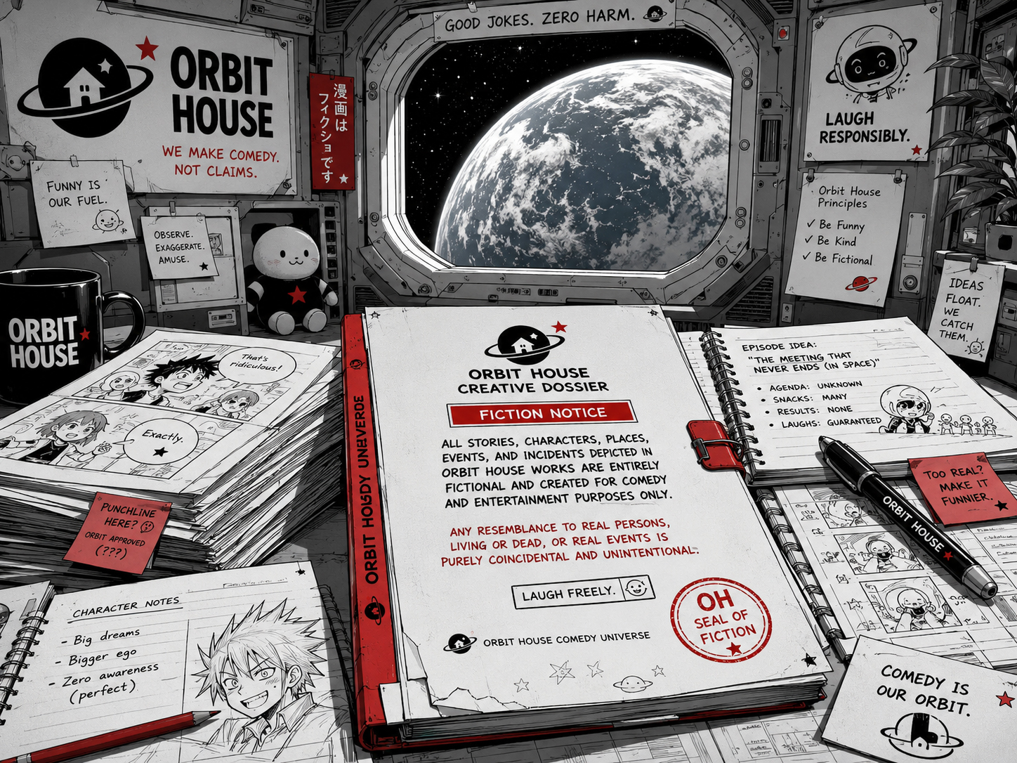 Spaceman.co.jp のフィクション免責を示す書類と宇宙ステーション