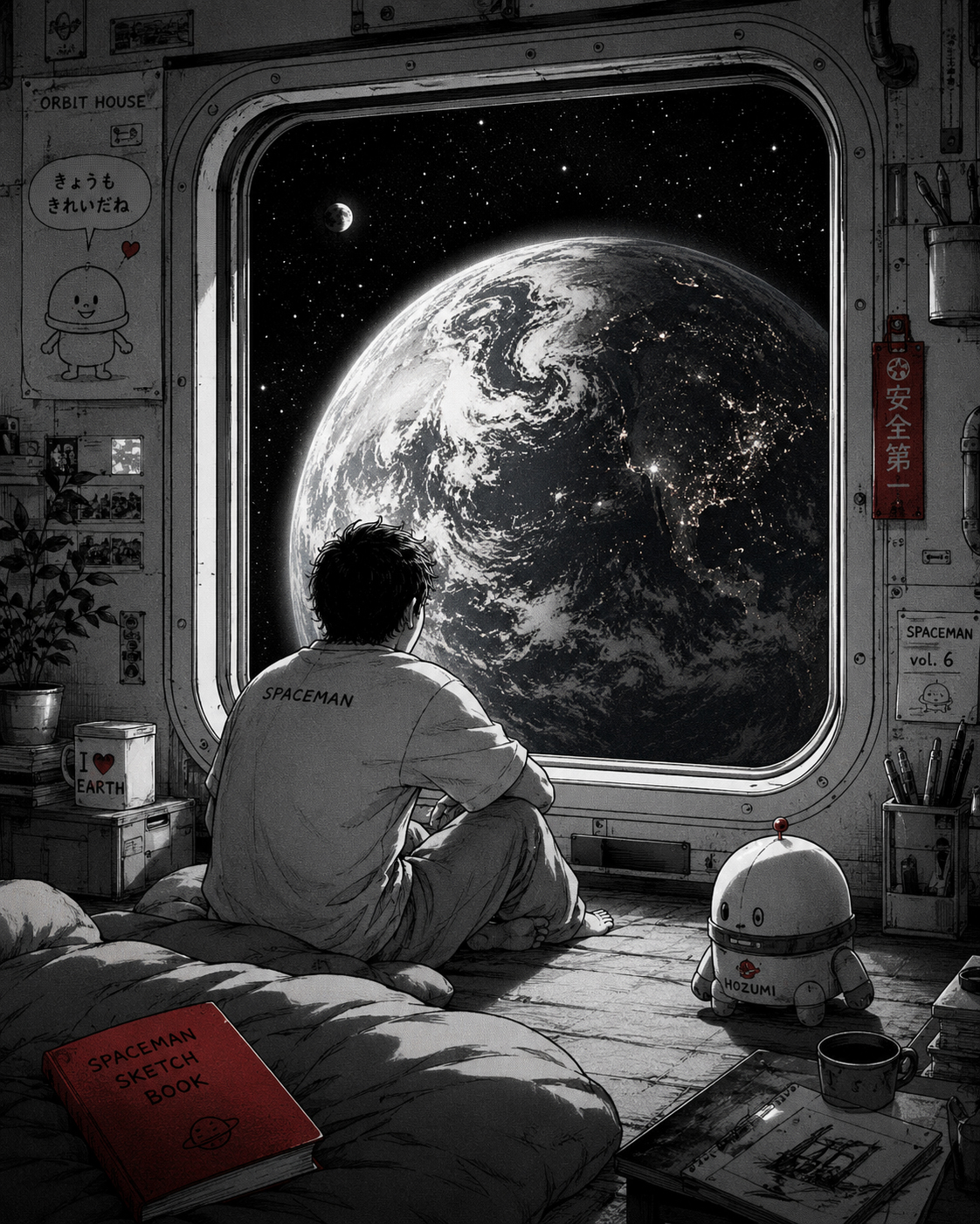 地球窓の夜の静かな漫画アート