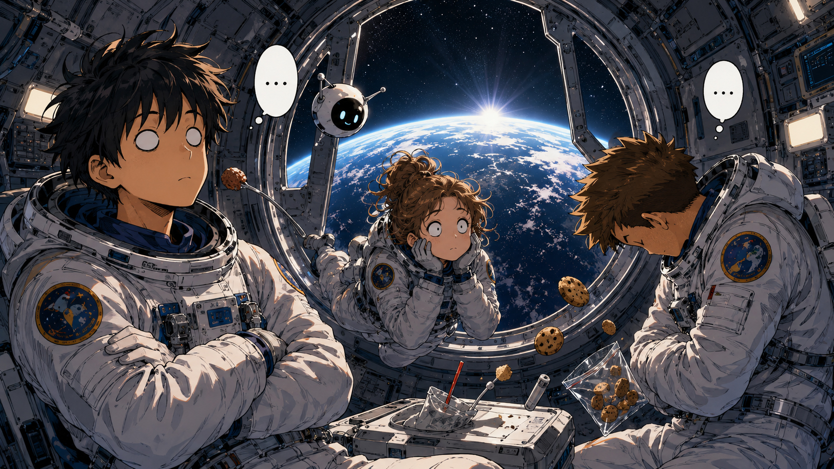 宇宙ステーションの窓から地球を見る静かな夜