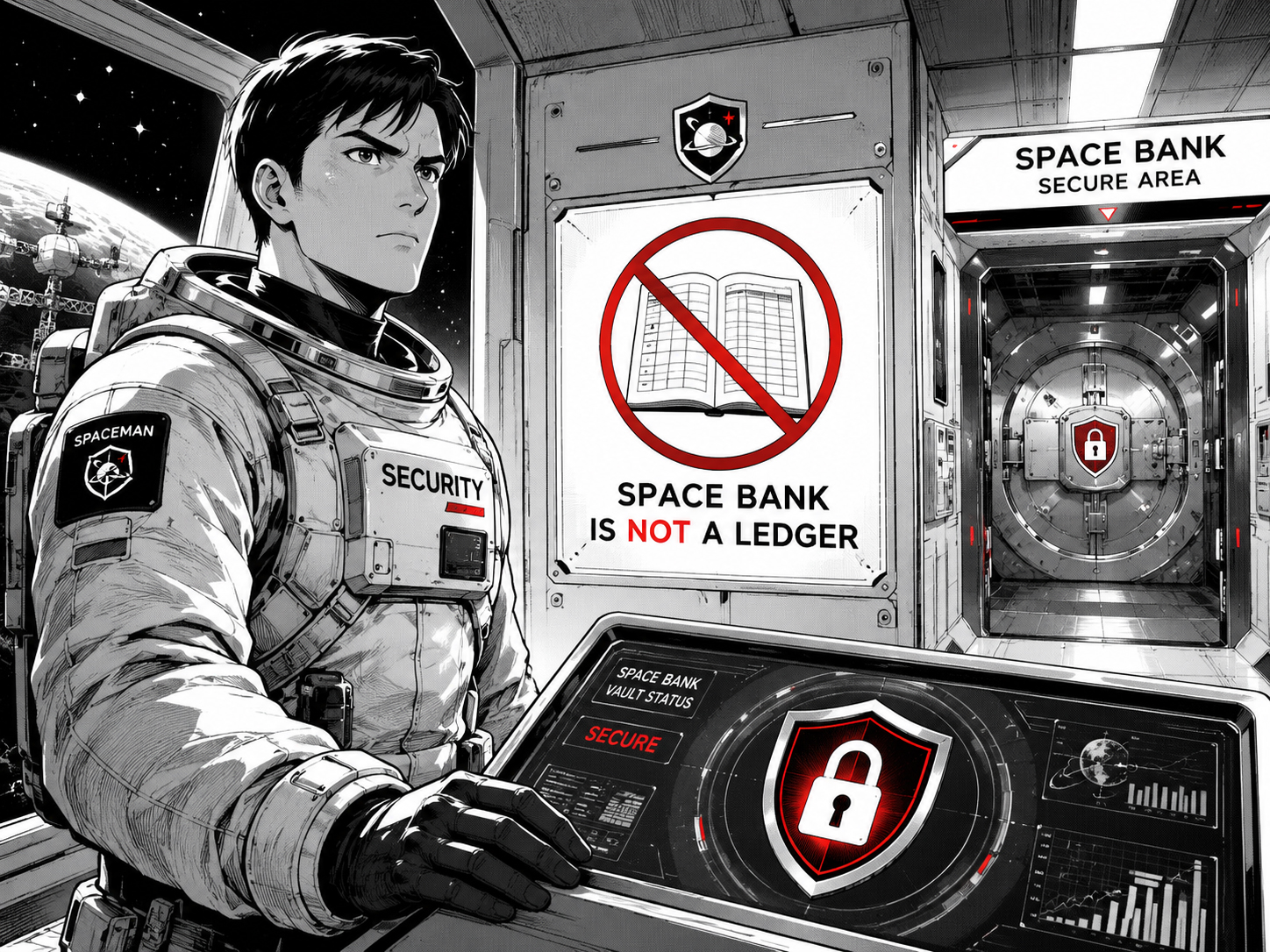 安全管理されたデータとロックされた宇宙銀行ではない台帳
