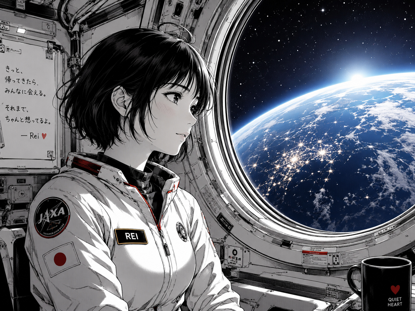 地球窓の前で静かに立つ月森レイ