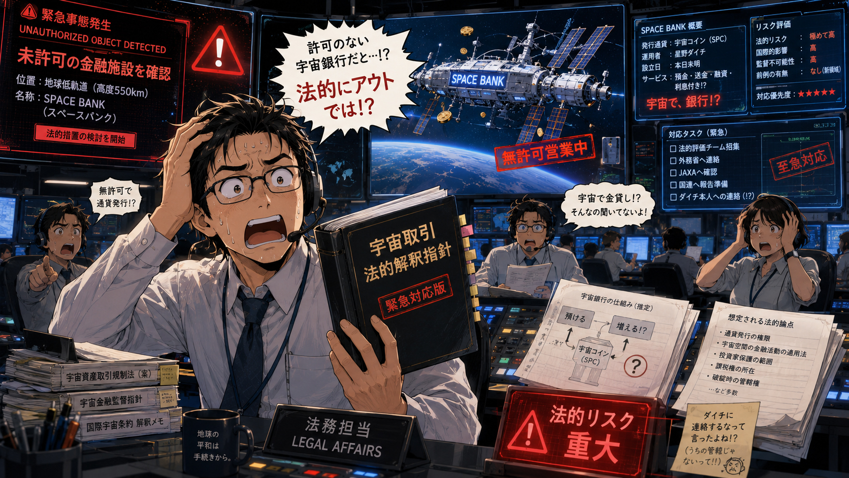 宇宙銀行の報告に困るミッション管理局と法務担当