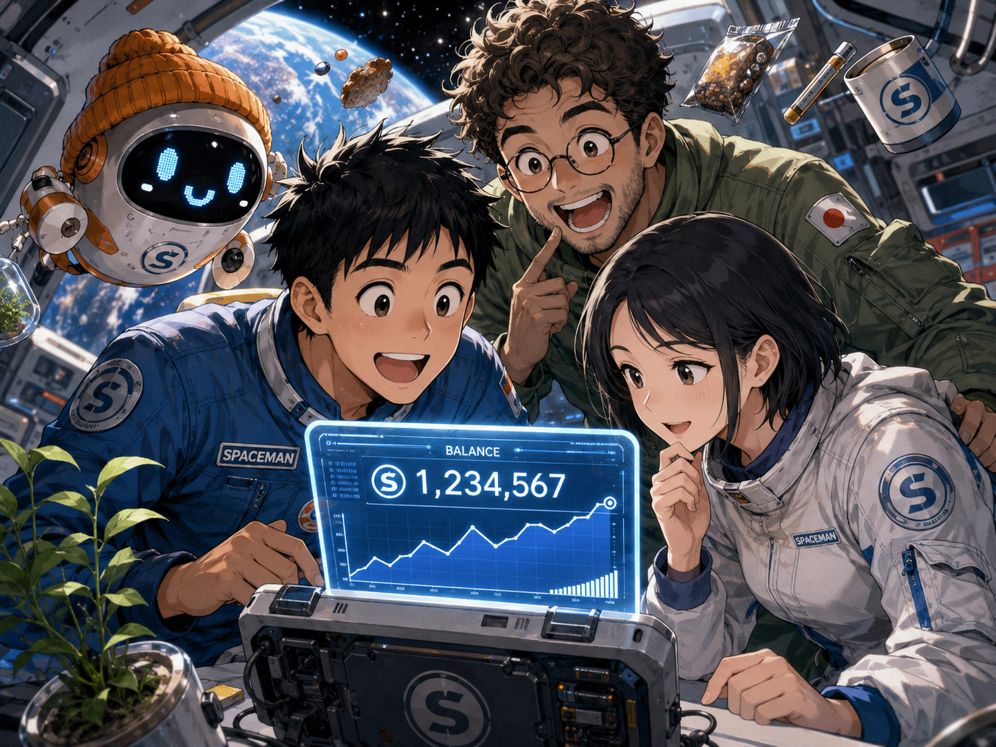 宇宙銀行の残高を見る乗員たち