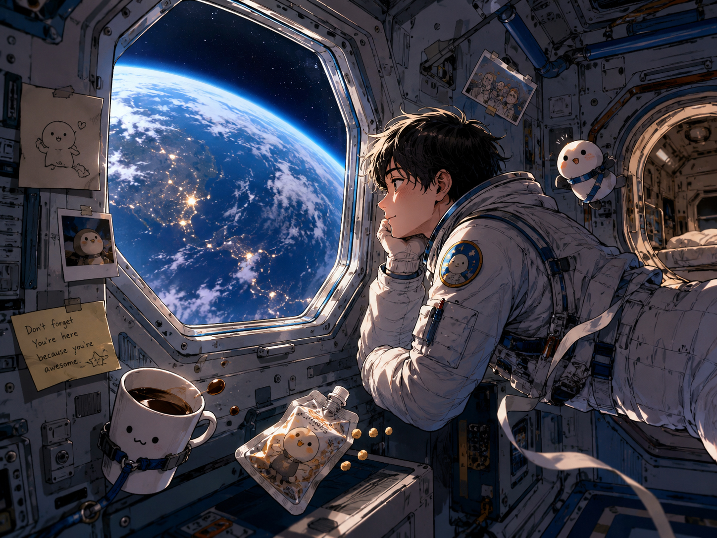地球窓で少し寂しく、少し笑う宇宙飛行士たち