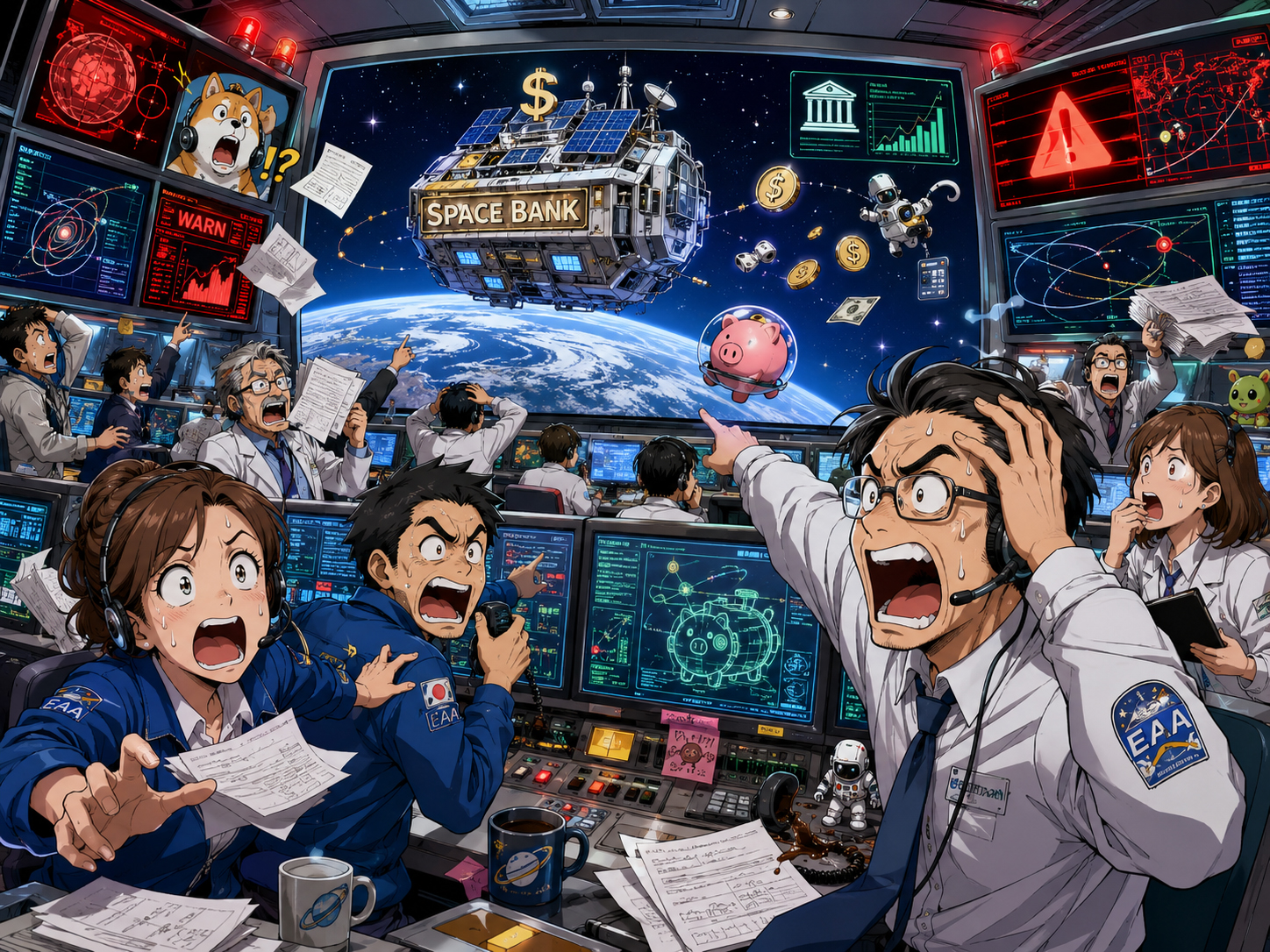 宇宙銀行の報告に慌てる地球のミッション管理局